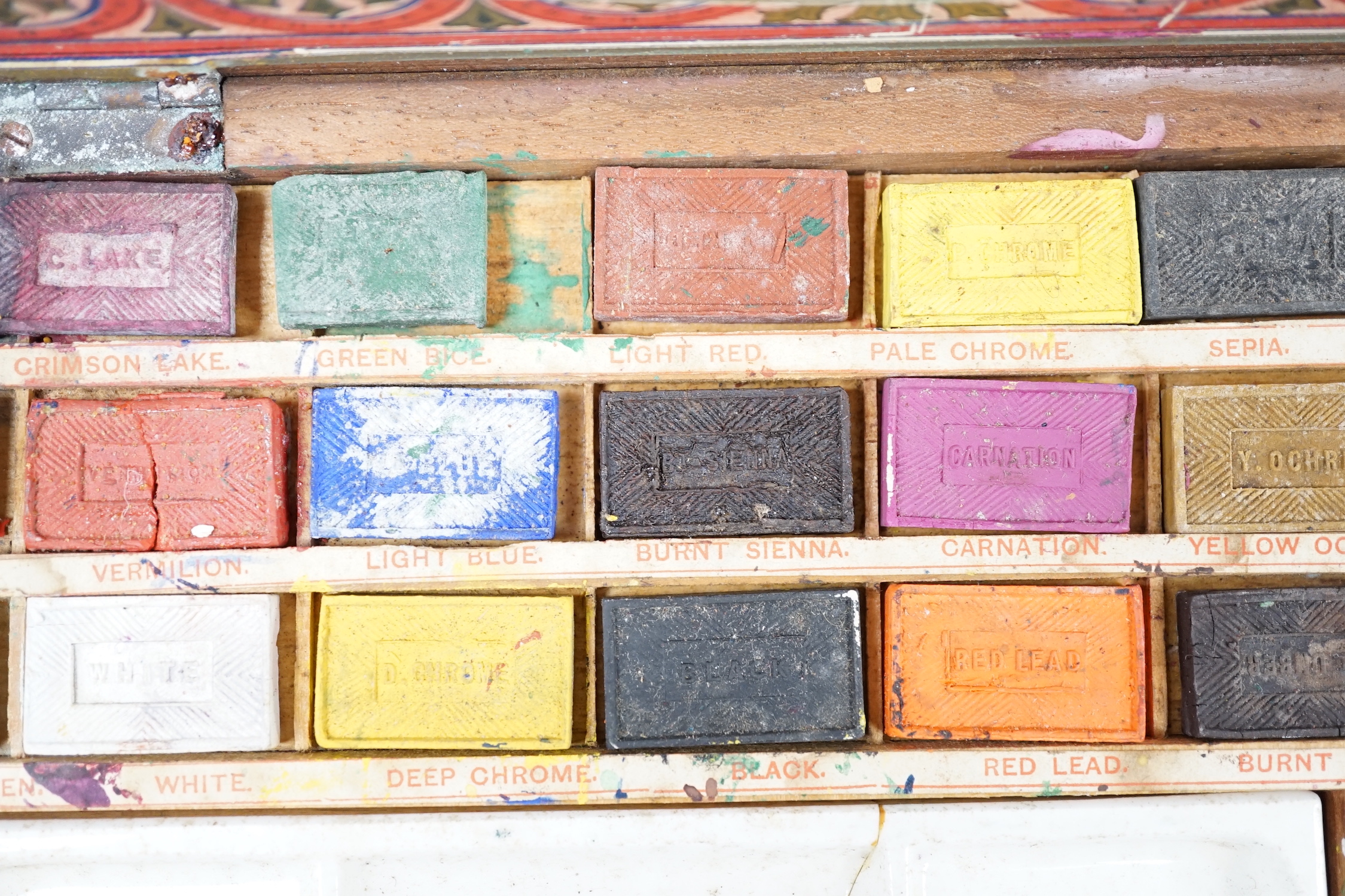 A Reeves and Sons mahogany artist's watercolour box, with fitted interior, 26cm wide, 19cm deep